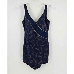 Vintage Robby Len One Piece Skirted Swimsuit Blue Gold Size 12